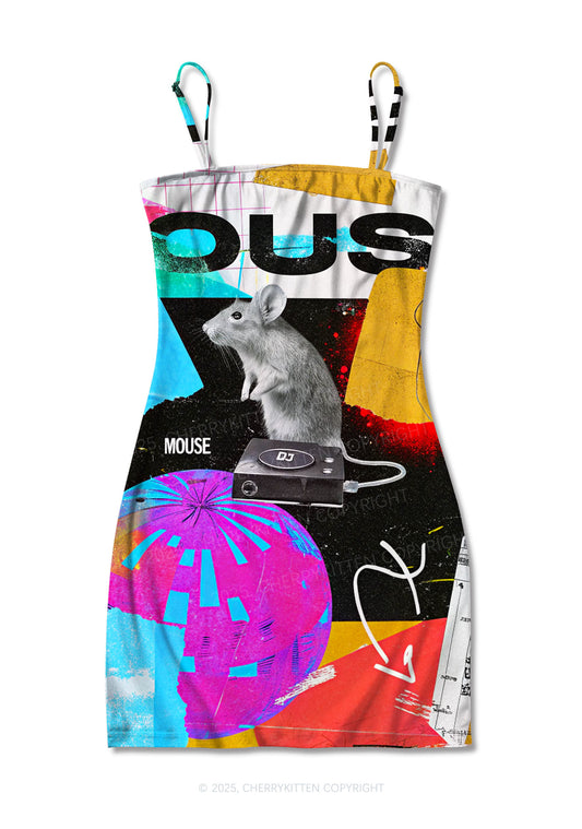 Neon DJ Mouse Y2K Print Slip Dress Cherrykitten