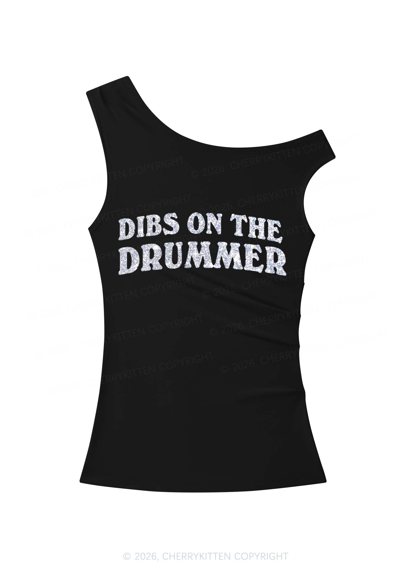 Glitter Dibs On The Drummer Y2K Off Shoulder Tank Top Cherrykitten