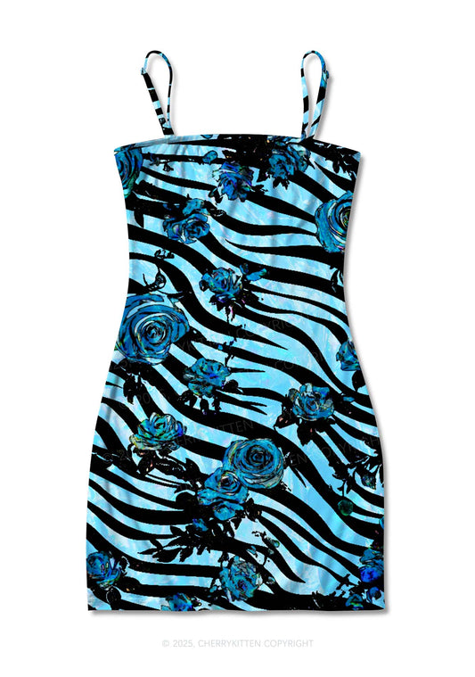 Blue Zebra Roses Y2K Print Slip Dress Cherrykitten