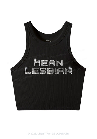 Rhinestone Mean Lesbian Pride Y2K Crop Tank Top Cherrykitten