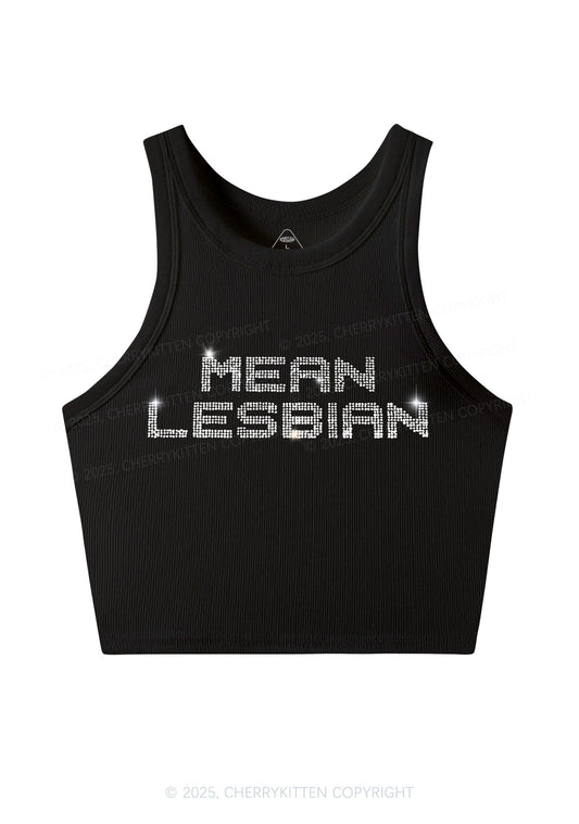 Rhinestone Mean Lesbian Pride Y2K Crop Tank Top Cherrykitten