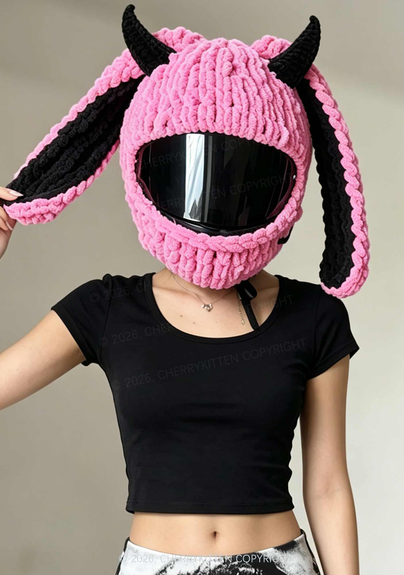Halloween Hot Pink Bunny Horn Y2K Motorcycle Helmet Cover Cherrykitten