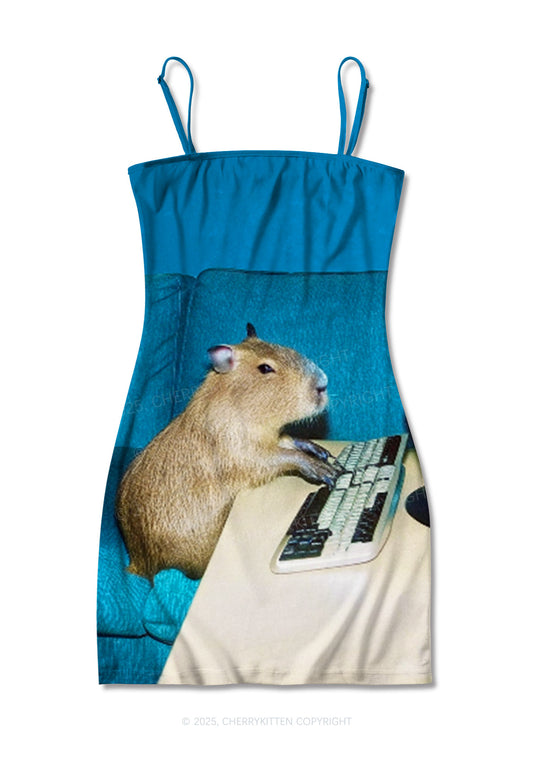 Keyboard Capybara Y2K Print Slip Dress Cherrykitten