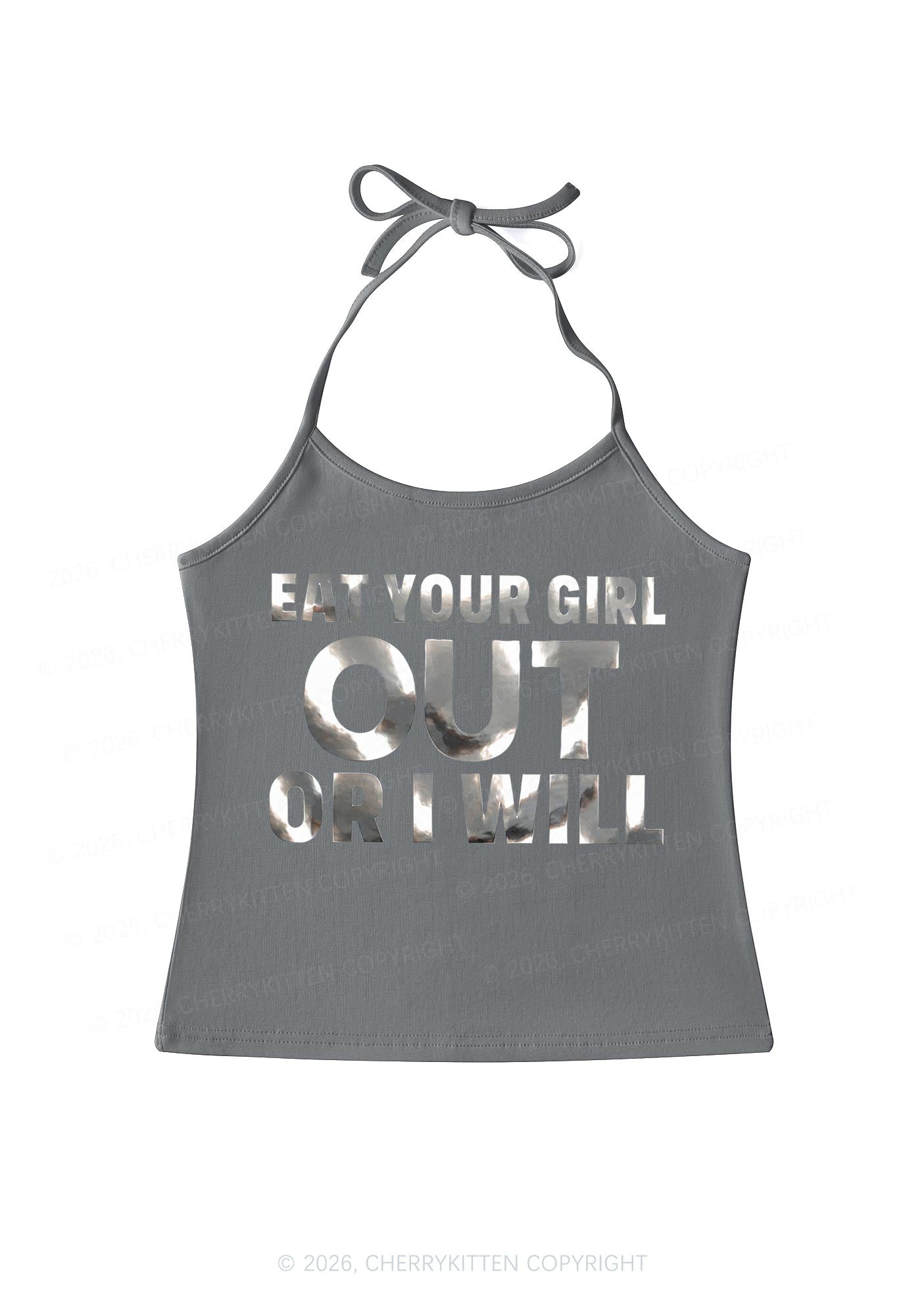 Eat Your Girl Out Silver Foil Printed Y2K Halter Neck Cami Cherrykitten