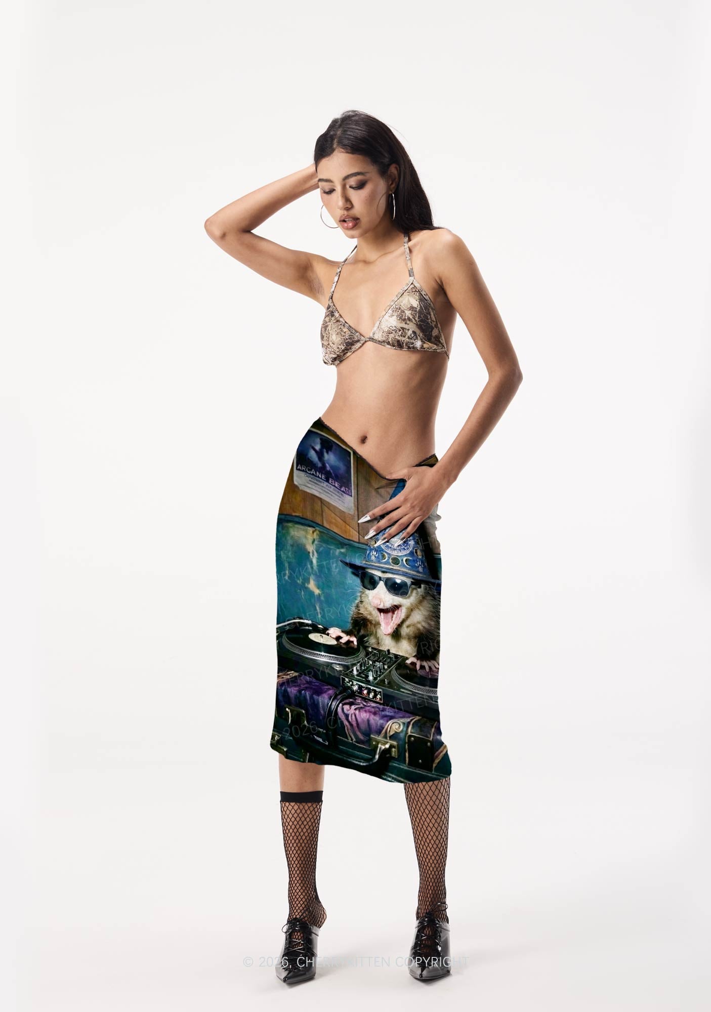 Wizard Opossum DJ Y2K Print Midi Skirt Cherrykitten