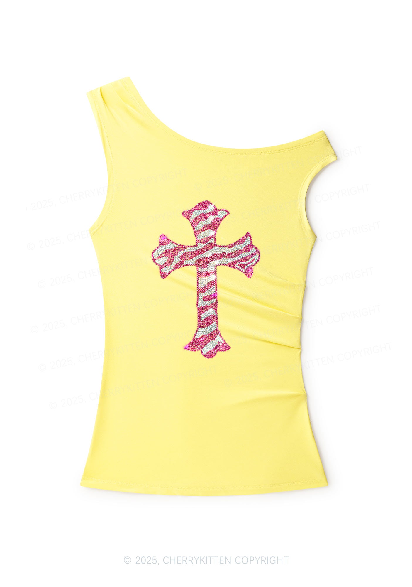 Rhinestone Pink Cross Y2K Off Shoulder Tank Top Cherrykitten