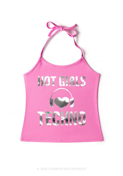 Hot Girls Love Techno Silver Foil Printed Y2K Halter Neck Cami Cherrykitten