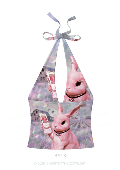 Pink Gothic Bunny Y2K Print Halter Deep V Neck Cami Cherrykitten