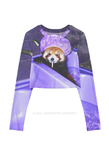 Purple Bath Smoking Raccoon Y2K Mesh Long Sleeve Crop Top Cherrykitten