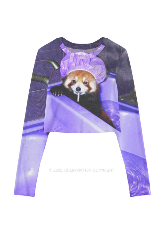 Purple Bath Smoking Raccoon Y2K Mesh Long Sleeve Crop Top Cherrykitten