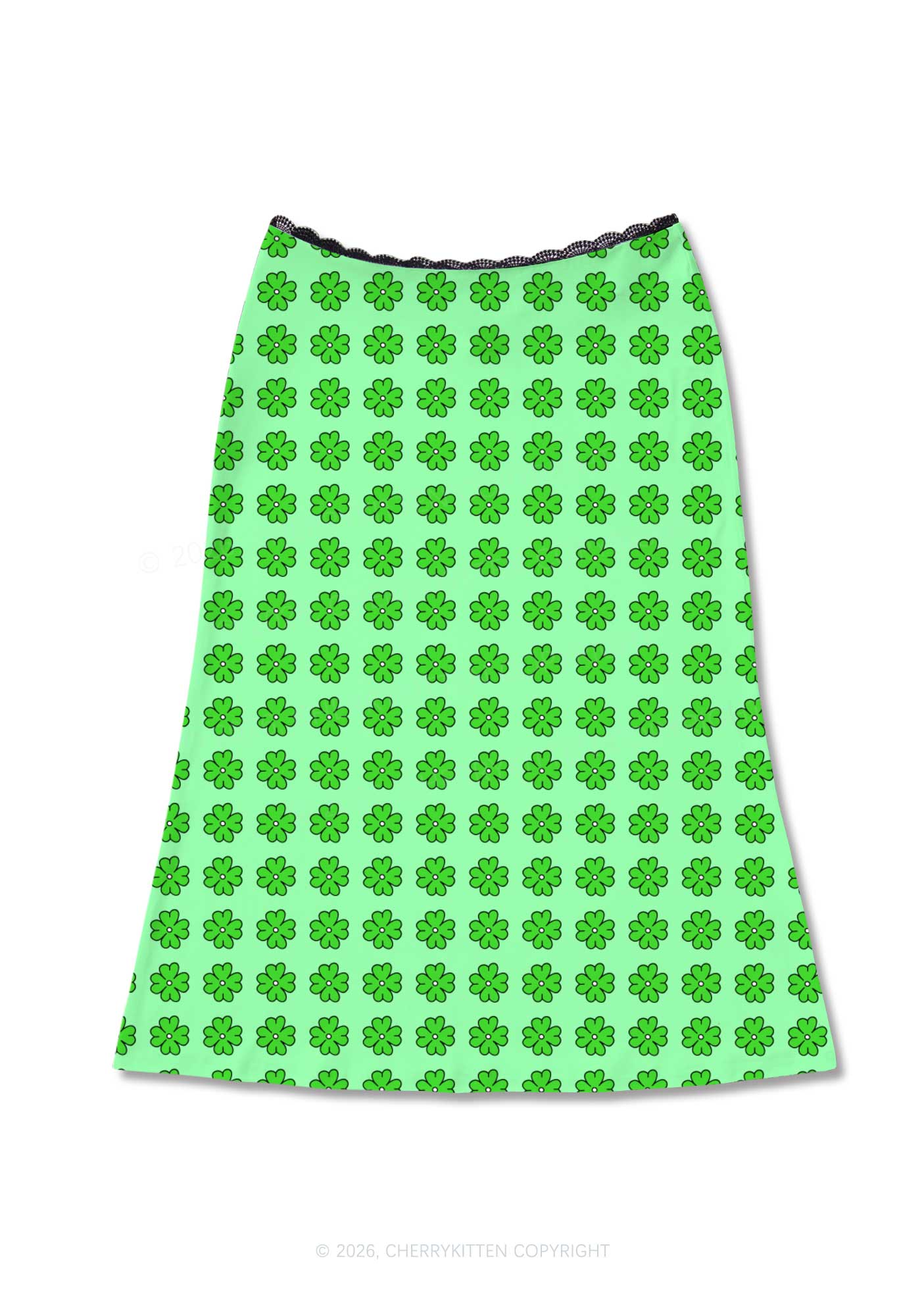 Green Clover Grid St Patricks Y2K Print Midi Skirt Cherrykitten