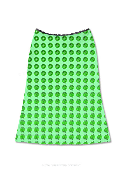 Green Clover Grid St Patricks Y2K Print Midi Skirt Cherrykitten