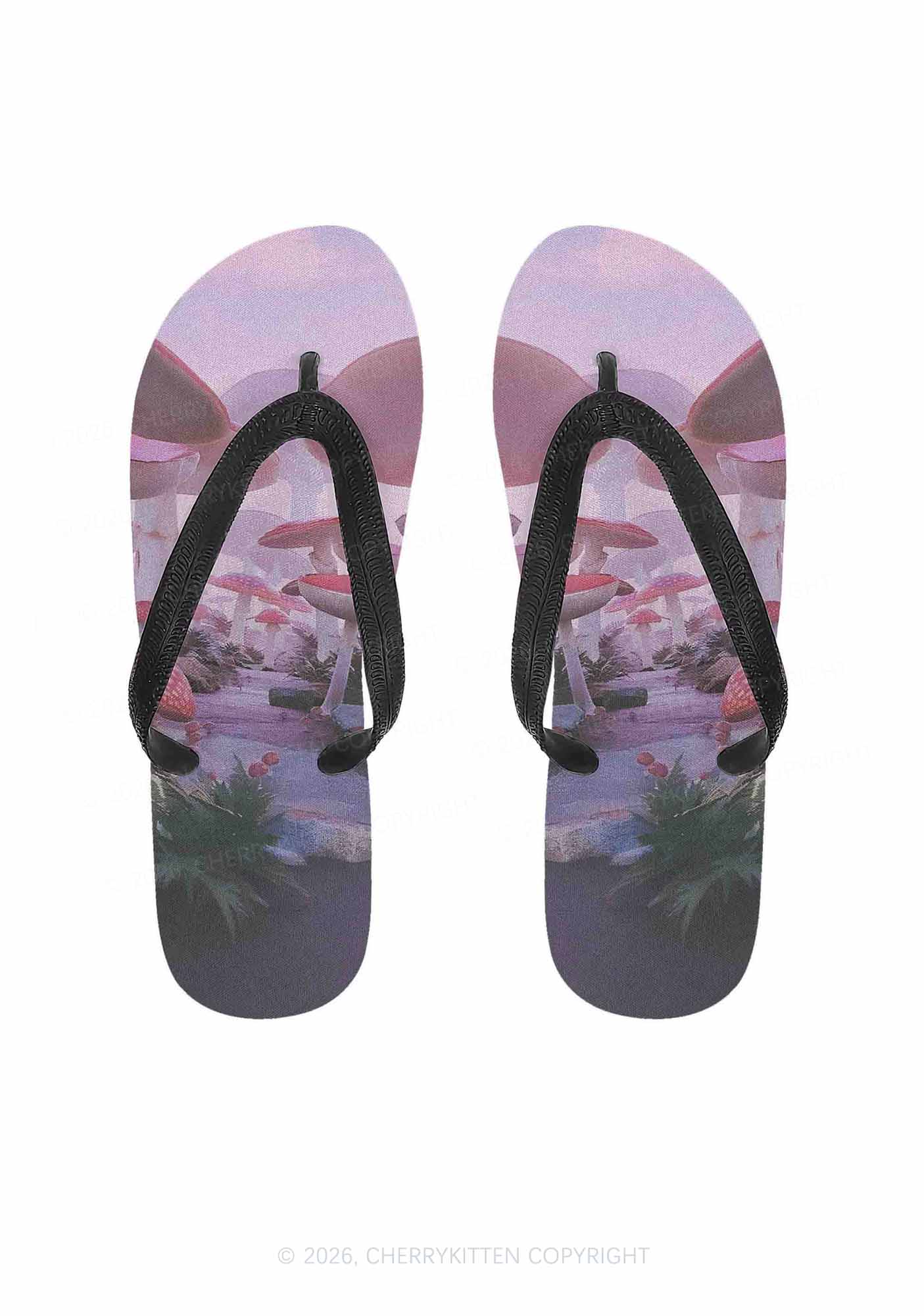 Pink Mushroom Y2K Print Flip Flops Cherrykitten