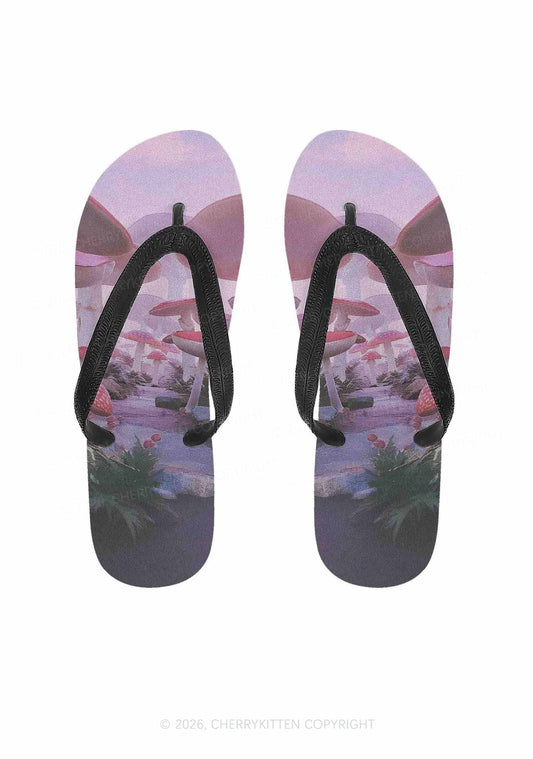 Pink Mushroom Y2K Print Flip Flops Cherrykitten