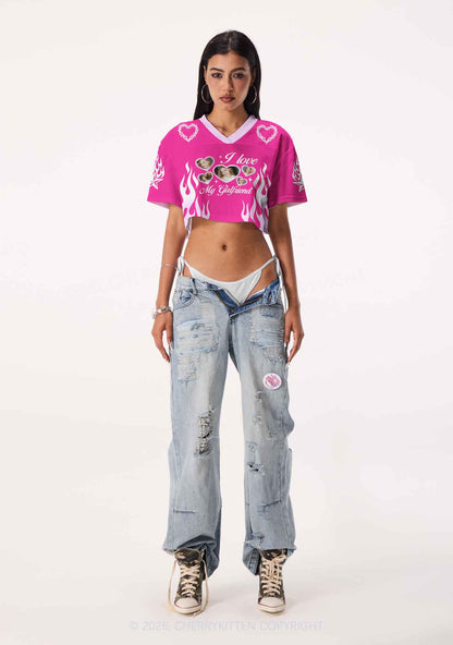 Hot Pink Custom GF BF Photo Y2K Crop Sport Jersey Shirts Cherrykitten