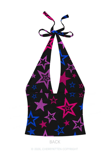 Bisexual Star Pride Y2K Print Halter Deep V Neck Cami Cherrykitten
