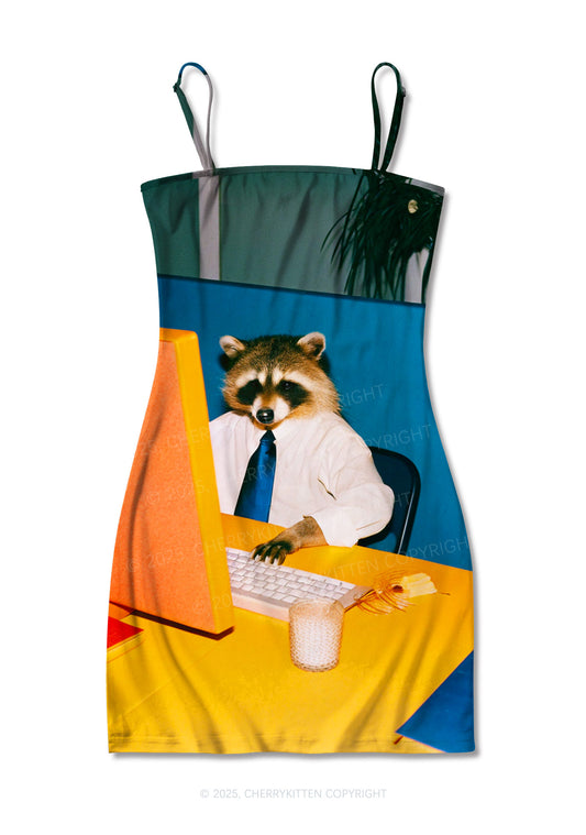 Office Raccoon Y2K Print Slip Dress Cherrykitten