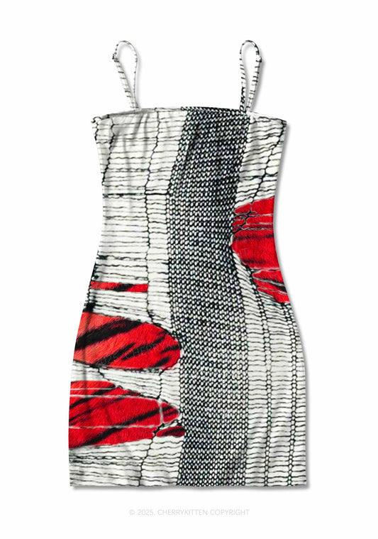 Tiger Striped Red Block Y2K Print Slip Dress Cherrykitten