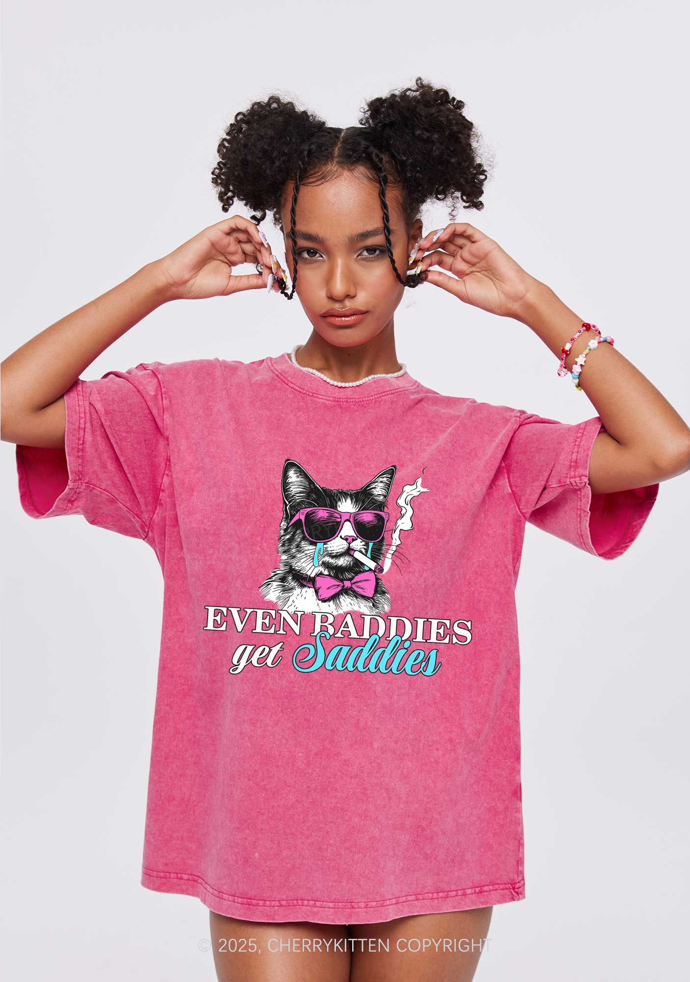 Baddies Cat Get Saddies Y2K Shirts Washed Tee Cherrykitten
