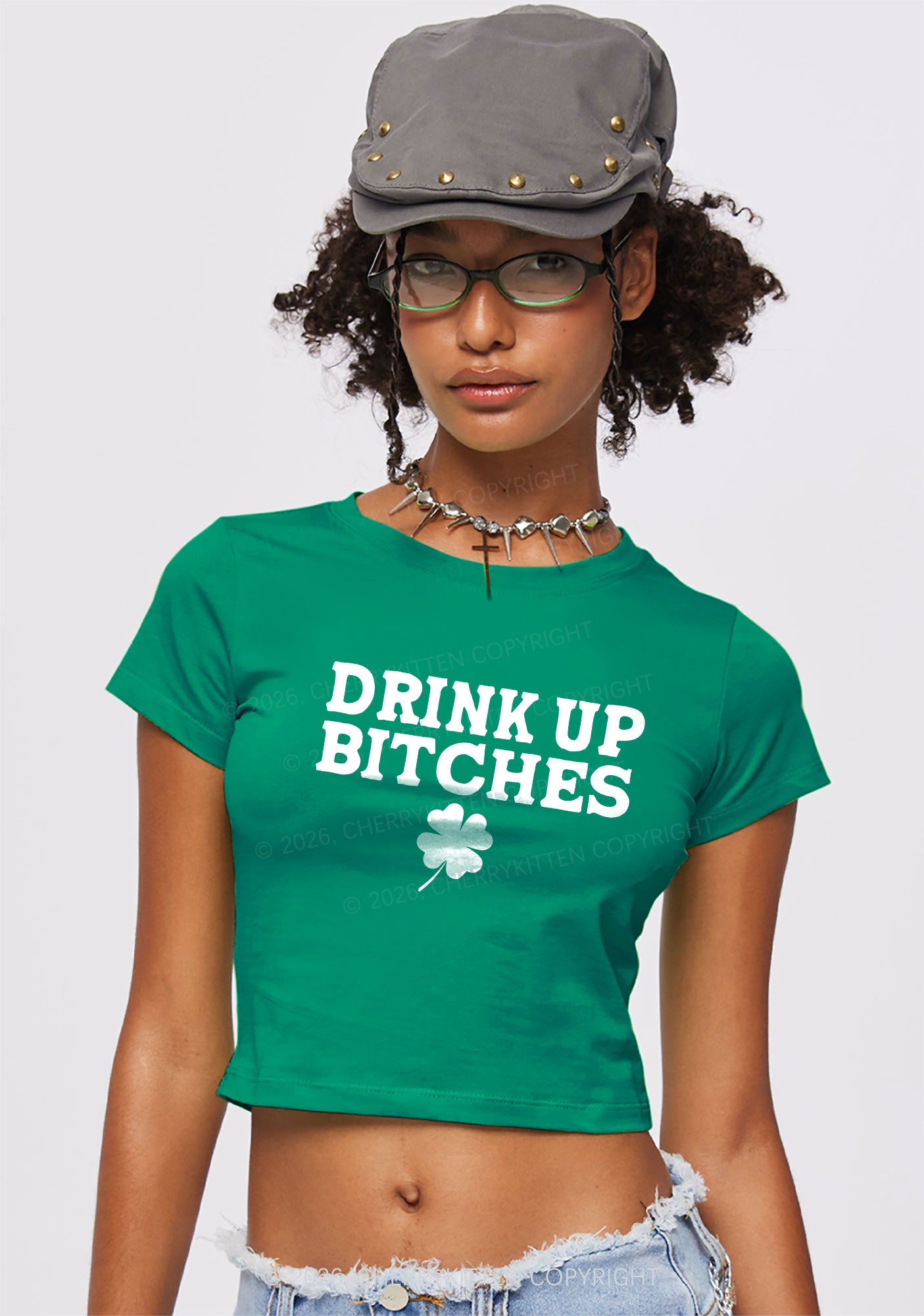 Drink Up Bxxch St Patricks Y2K Baby Tee Cherrykitten
