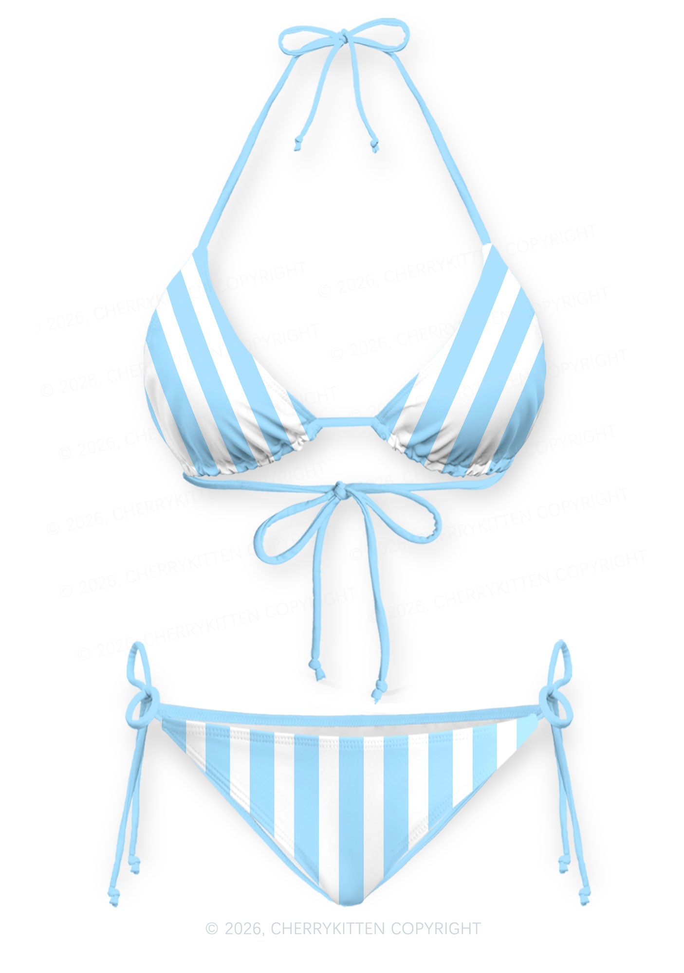 Blue White Vertical Stripes Y2K Print Bikini Set Cherrykitten