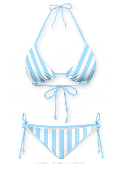 Blue White Vertical Stripes Y2K Print Bikini Set Cherrykitten
