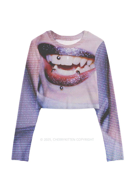 Halloween Punk Lips Y2K Mesh Long Sleeve Crop Top Cherrykitten
