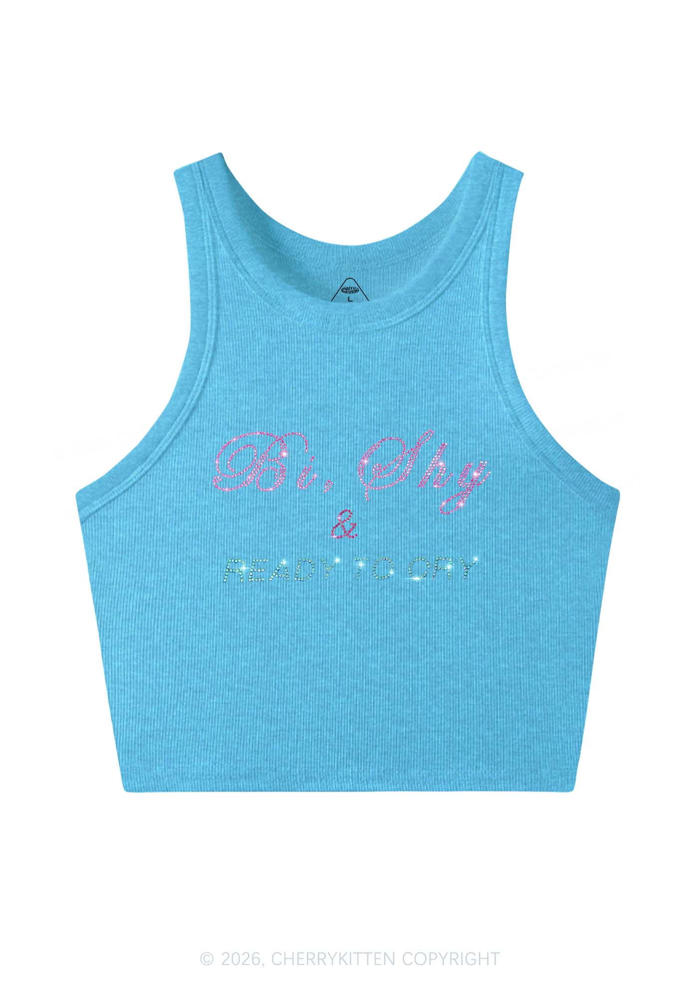 Rhinestone Bi Shy And Ready To Cry Pride Y2K Crop Tank Top Cherrykitten