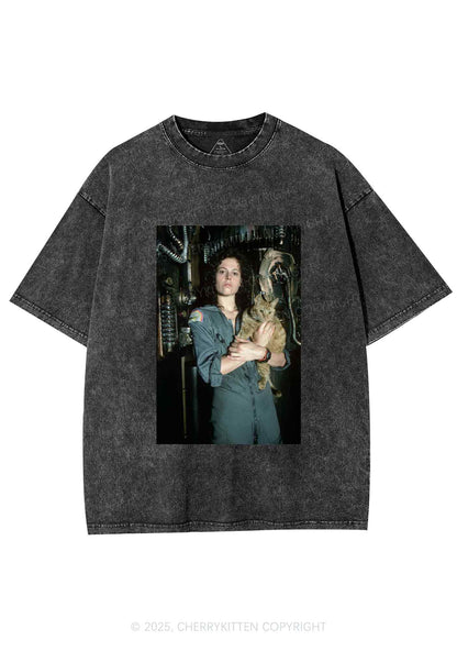 Halloween Space Lady Cat Y2K Shirts Washed Tee Cherrykitten