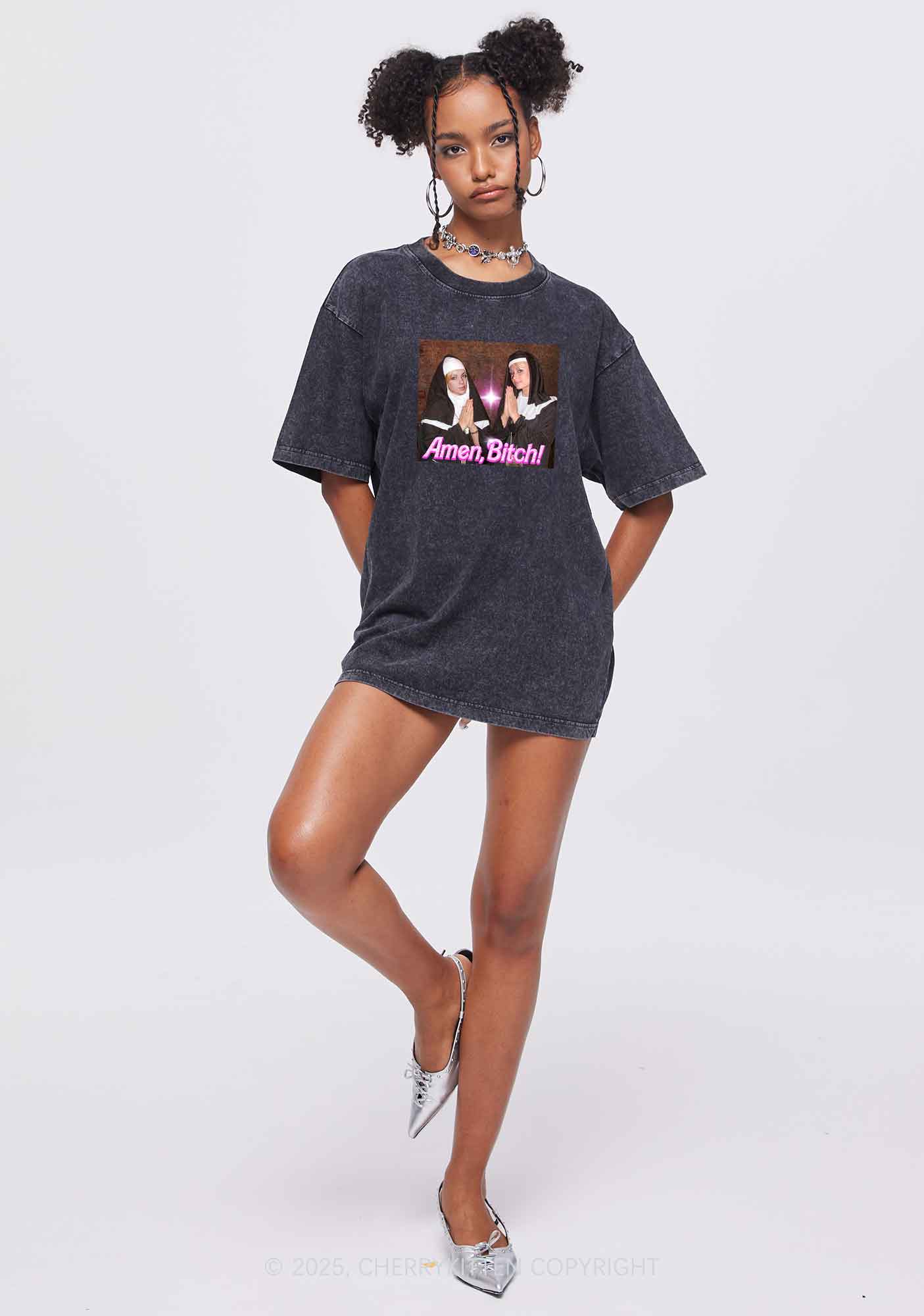 Custom Amen Bxtch Y2K Shirts Washed Tee Cherrykitten
