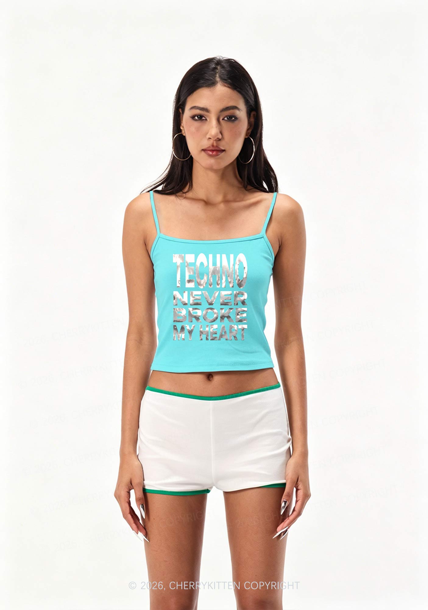 Techno Broke Heart Silver Foil Printed Y2K Spaghetti Strap Cami Cherrykitten
