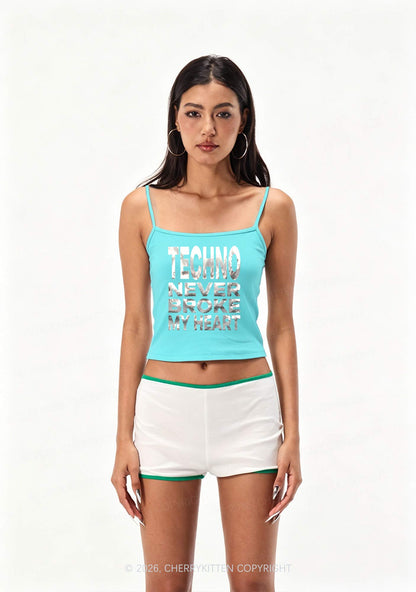 Techno Broke Heart Silver Foil Printed Y2K Spaghetti Strap Cami Cherrykitten