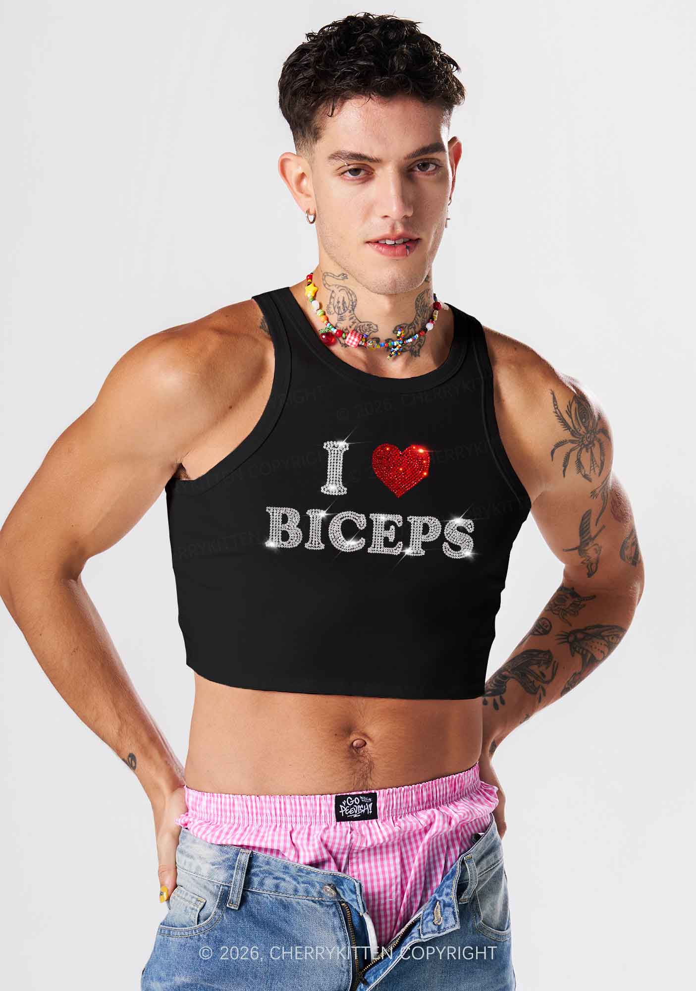 Cherrykitten Rhinestone I Love Biceps Y2K Crop Tank Top