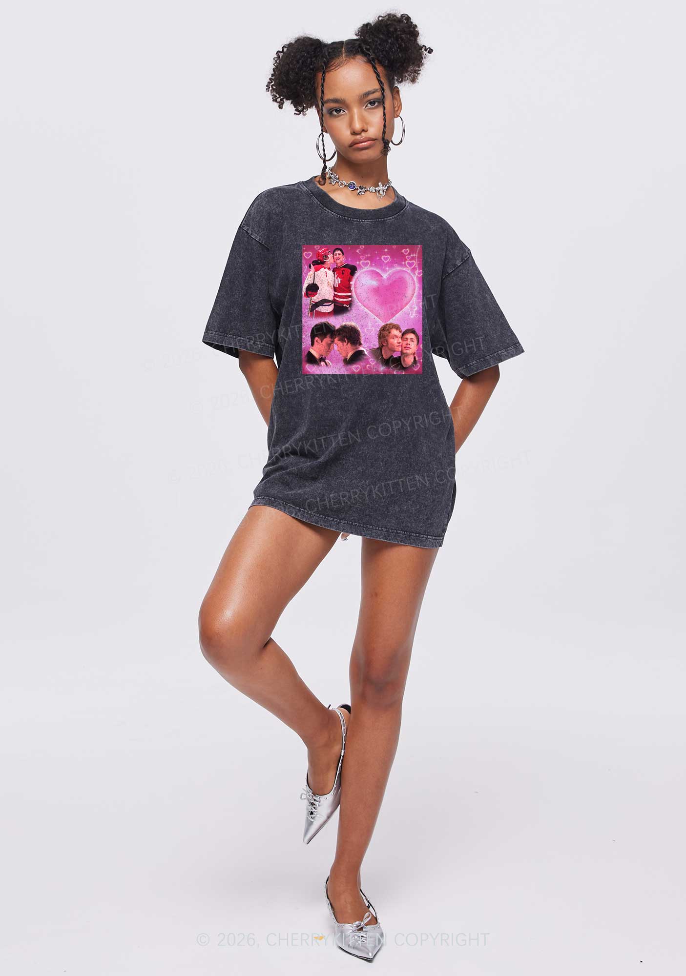 Pink Heart Portrait HR Y2K Shirts Washed Tee Cherrykitten