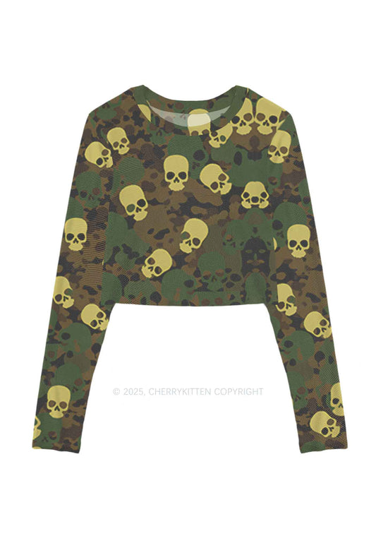 Halloween Camouflage Skull Y2K Mesh Long Sleeve Crop Top Cherrykitten