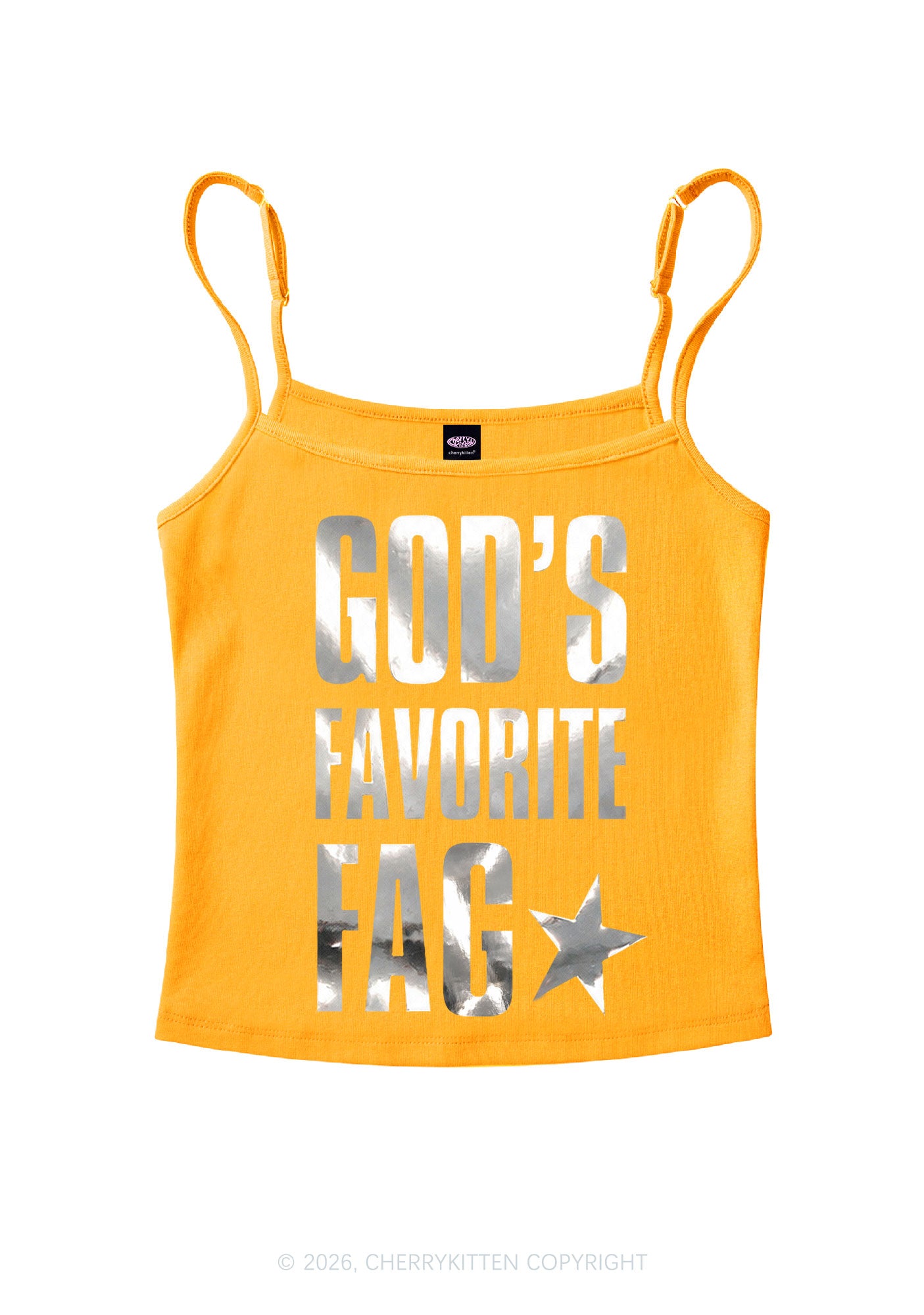 Gods Favorite Fag Pride Silver Foil Printed Y2K Spaghetti Strap Cami Cherrykitten
