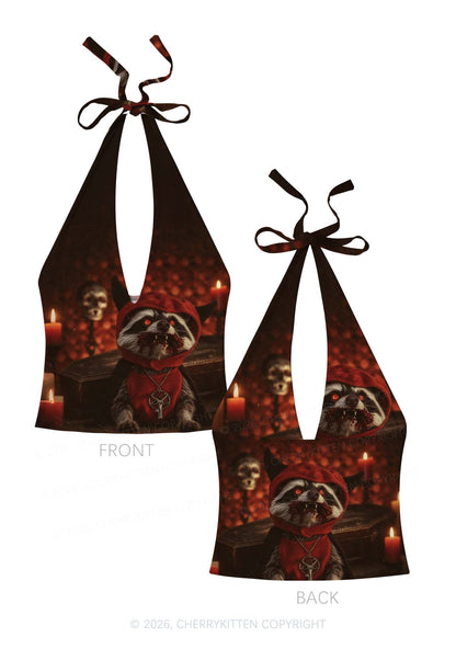 Halloween Vampire Raccoon Y2K Print Halter Deep V Neck Cami Cherrykitten