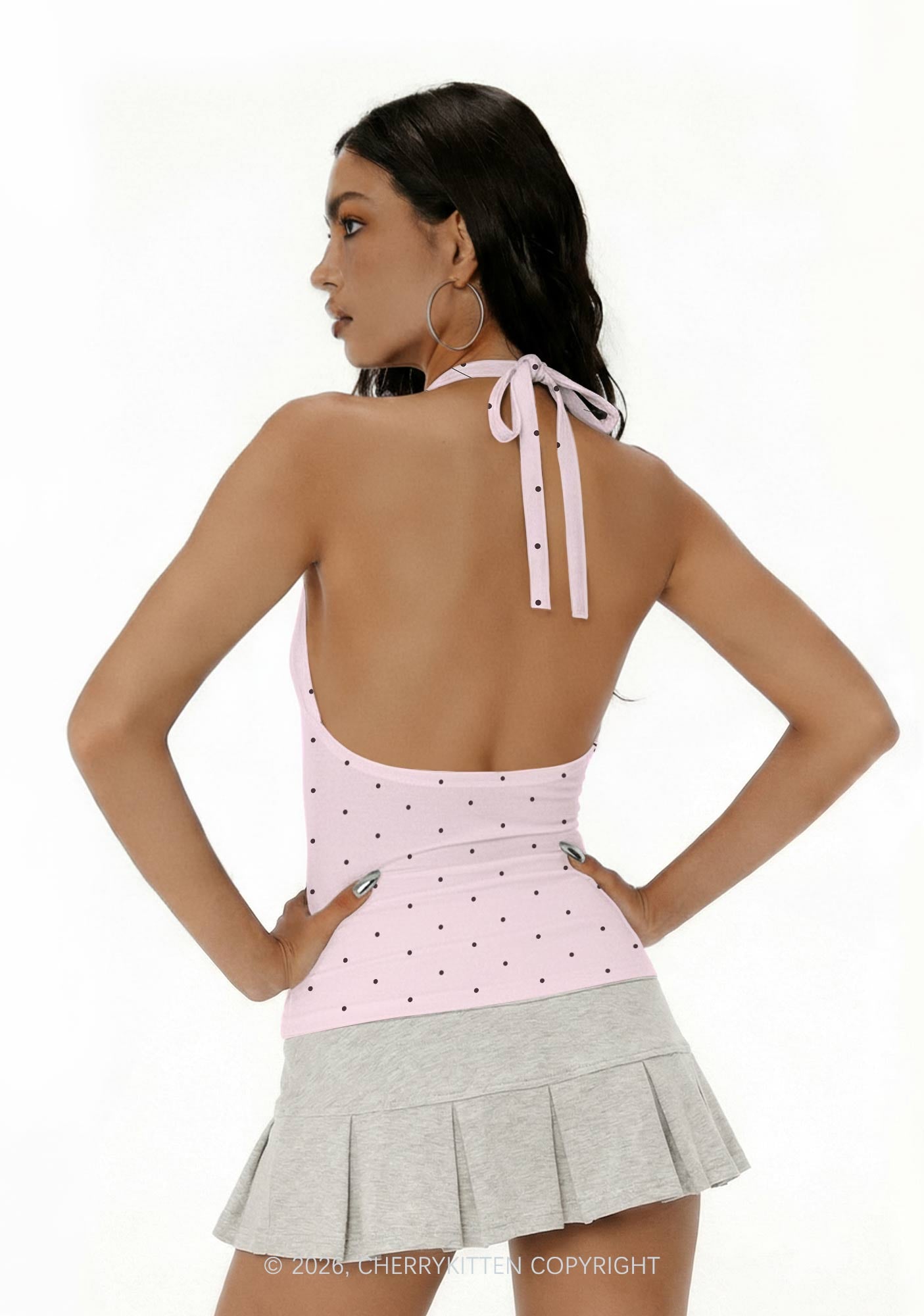 Brown Cxxt Dots Y2K Print Halter Deep V Neck Cami Cherrykitten
