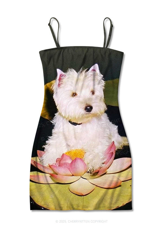 Puppy On Lotus Y2K Print Slip Dress Cherrykitten