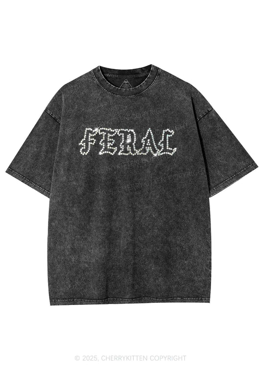 Rhinestone Feral Y2K Shirts Washed Tee Cherrykitten