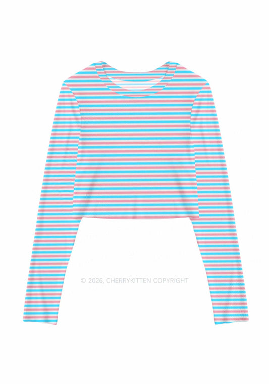 Trans Stripes Pride Y2K Mesh Long Sleeve Crop Top Cherrykitten