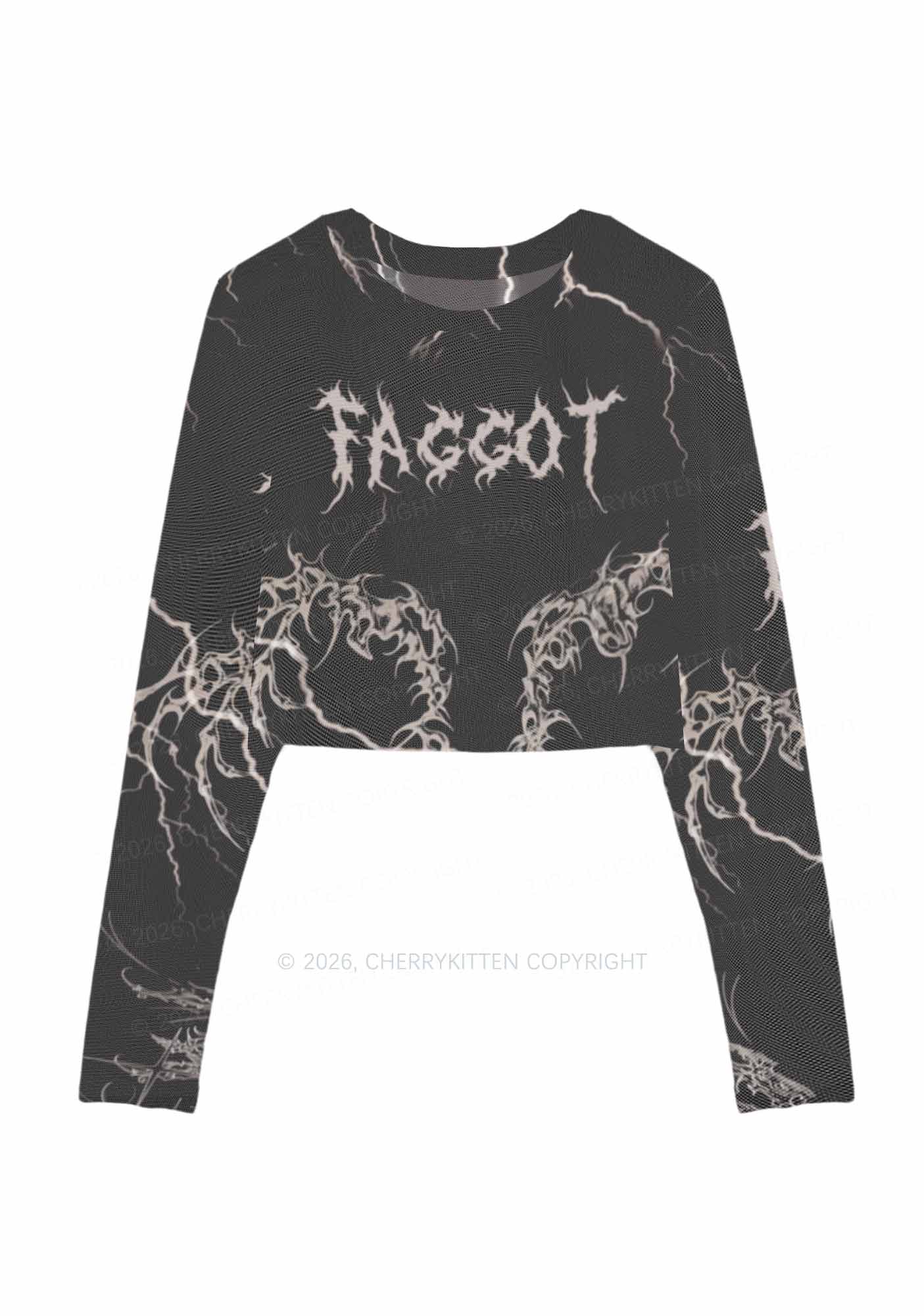 Black Gothic Faggot Pride Y2K Mesh Long Sleeve Crop Top Cherrykitten