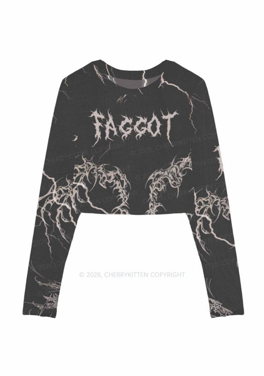 Black Gothic Faggot Pride Y2K Mesh Long Sleeve Crop Top Cherrykitten