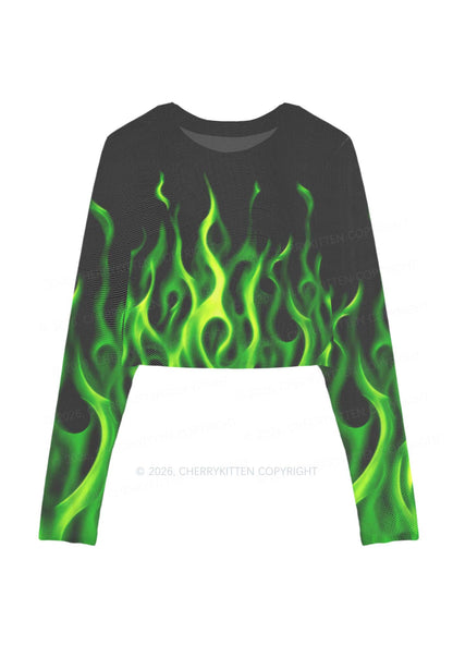 Neon Green Flame Y2K Mesh Long Sleeve Crop Top Cherrykitten