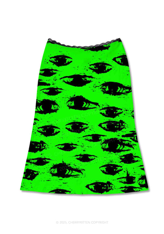 Eyes On Bright Green Y2K Print Midi Skirt Cherrykitten