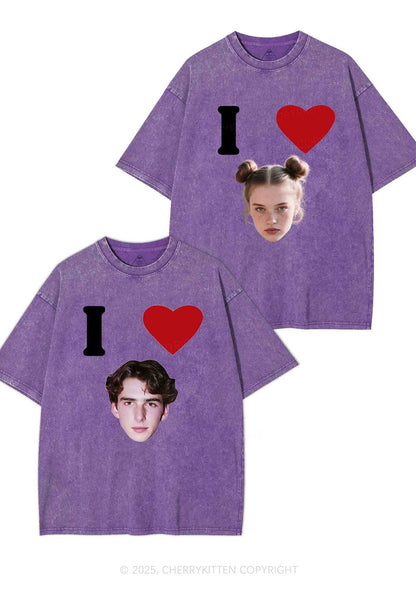 I Love Custom Portrait Y2K Valentine's Day Washed Tee Cherrykitten