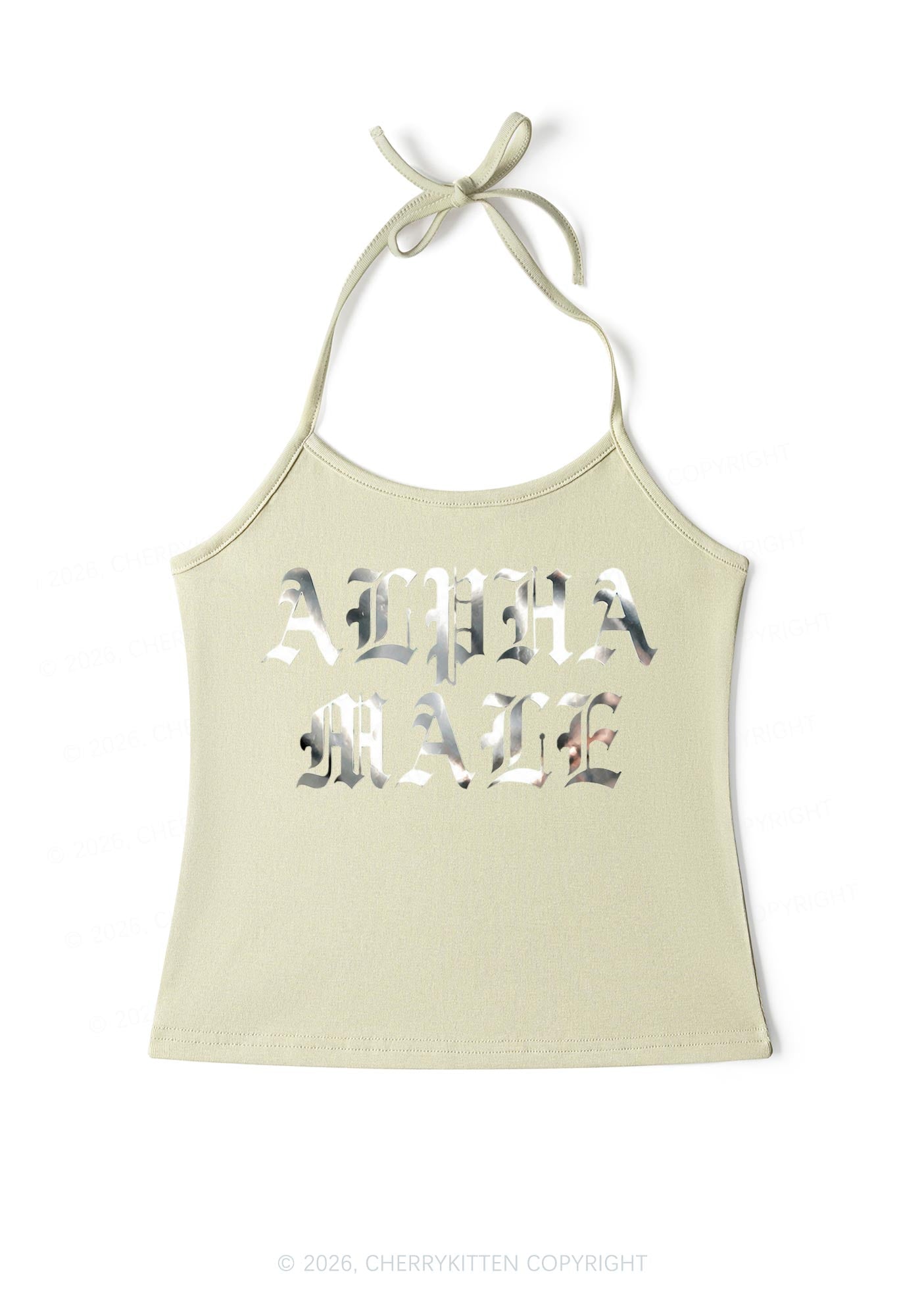 Alpha Male Silver Foil Printed Y2K Halter Neck Cami Cherrykitten