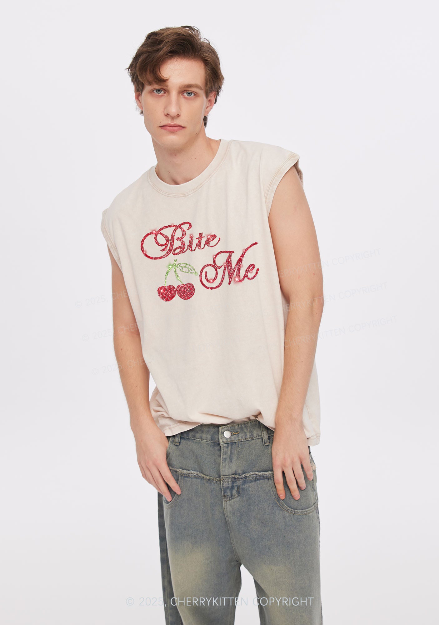 Rhinestone Red Cherry Bite Me Y2K Washed Muscle Tank Cherrykitten