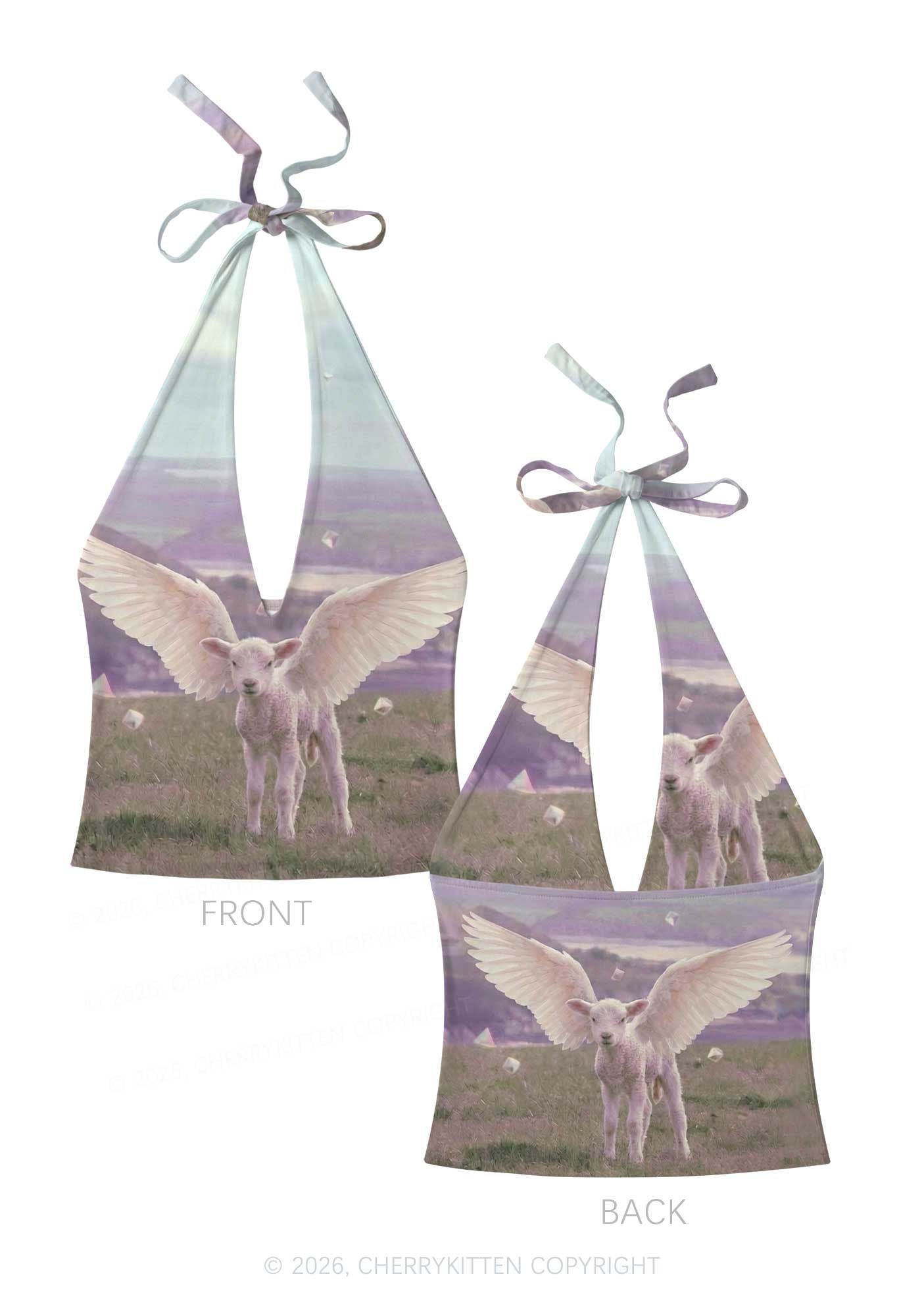 Angel Wing Lamb Y2K Print Halter Deep V Neck Cami Cherrykitten