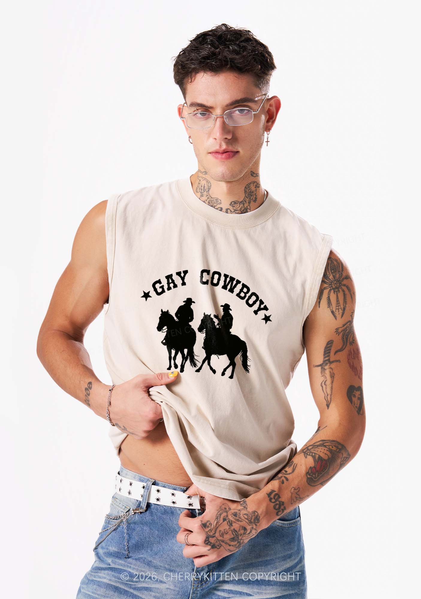 Gay Cowboy Pride Y2K Washed Muscle Tank Cherrykitten